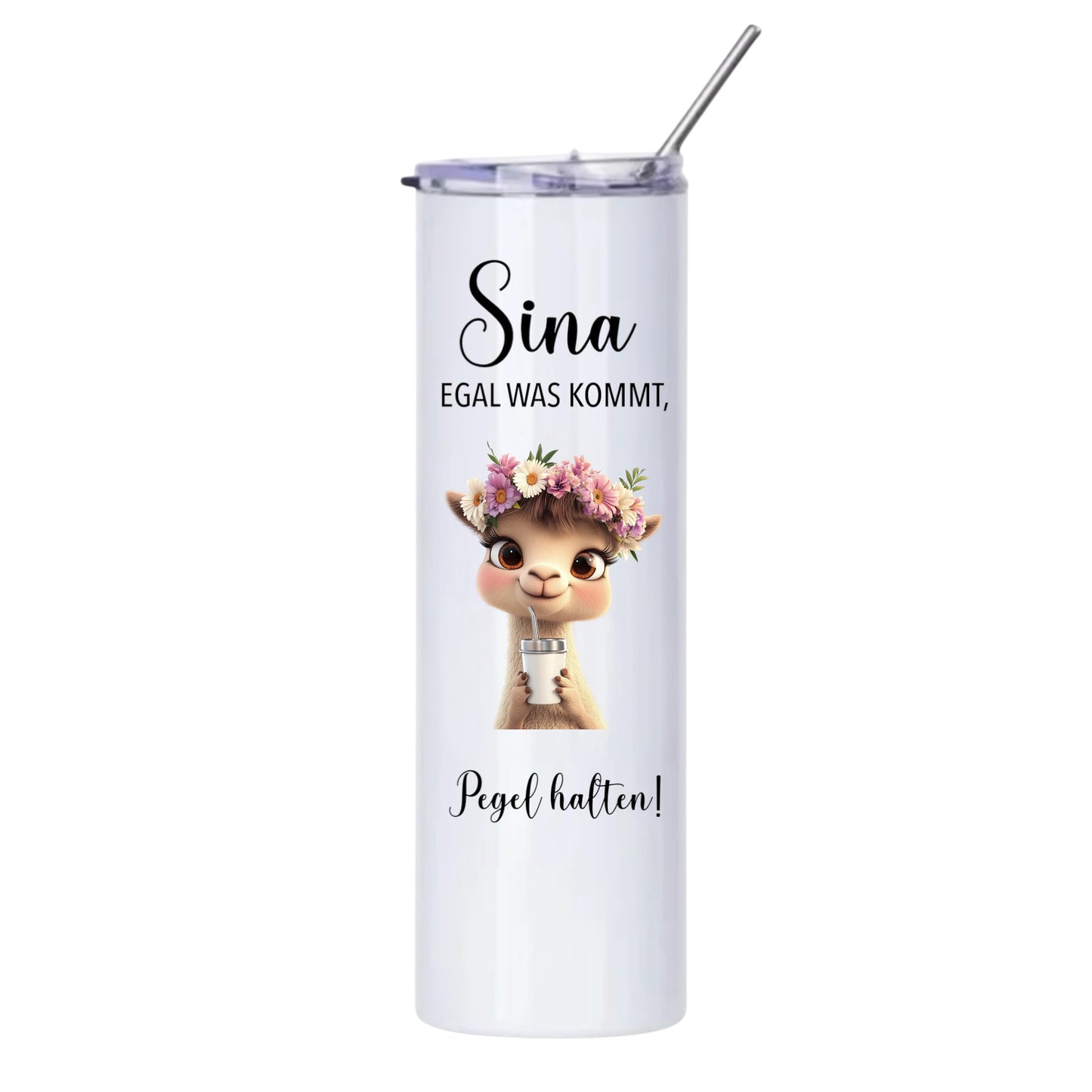 Thermobecher "Wunschname Pegel halten", 590ml, Weiß, mit Edelstahl-Strohhalm, Flamingo, Otter etc.