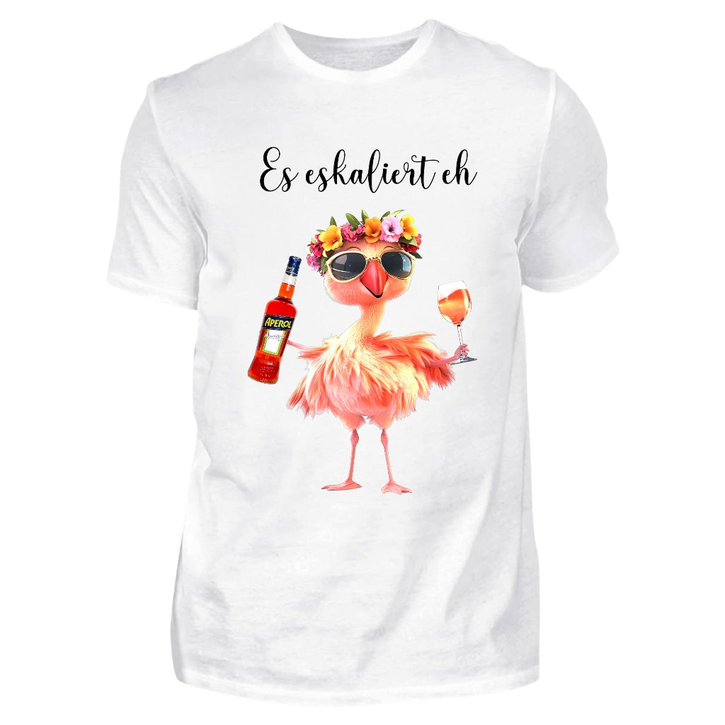 T-Shirt - Flamingo - Aperol Fun Shirt – Es eskaliert eh - Malle 2025, lustiges Party Shirt, Mallorca Tour