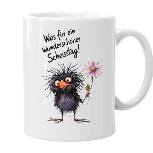 Lustige Kaffeetasse mit Rabe, 330ml, Spruch 'Was für ein wunderschöner Scheißtag',