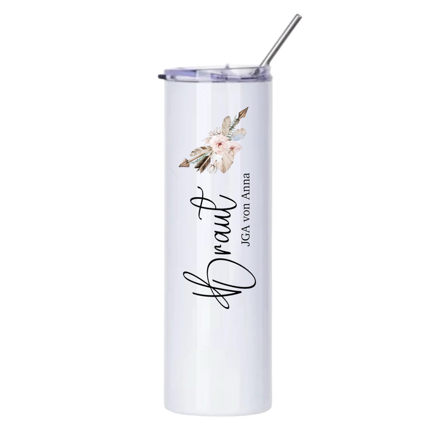 Personalisierter Thermobecher mit Blumenmotiv, 590ml, Weiß, mit Edelstahlstrohhalm, Team Braut, JGA, Becher to go