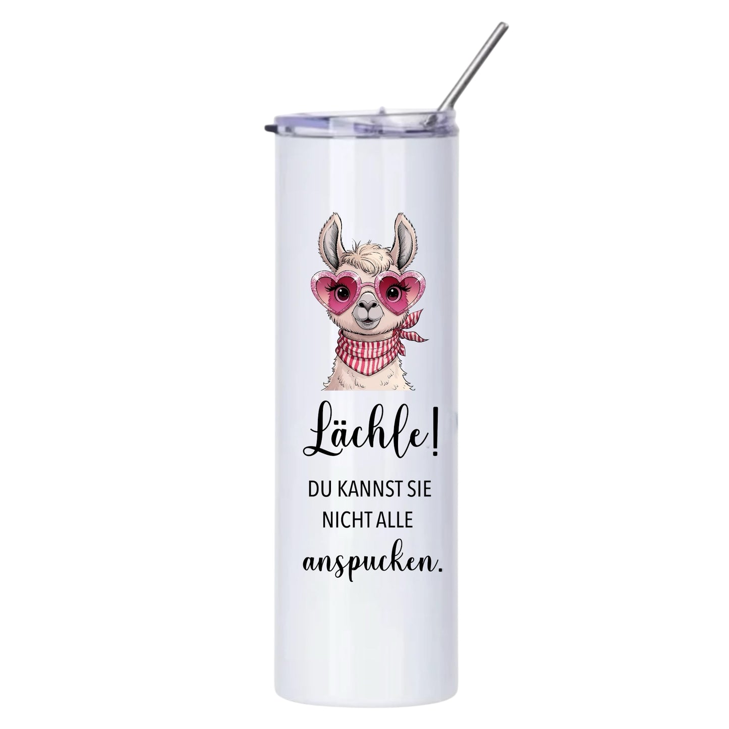 Edelstahl-Thermobecher + Edelstahl Strohhalm, Lama Design, Spülmaschinenfest, Lächle! Du kannst sie nicht alle anspucken.