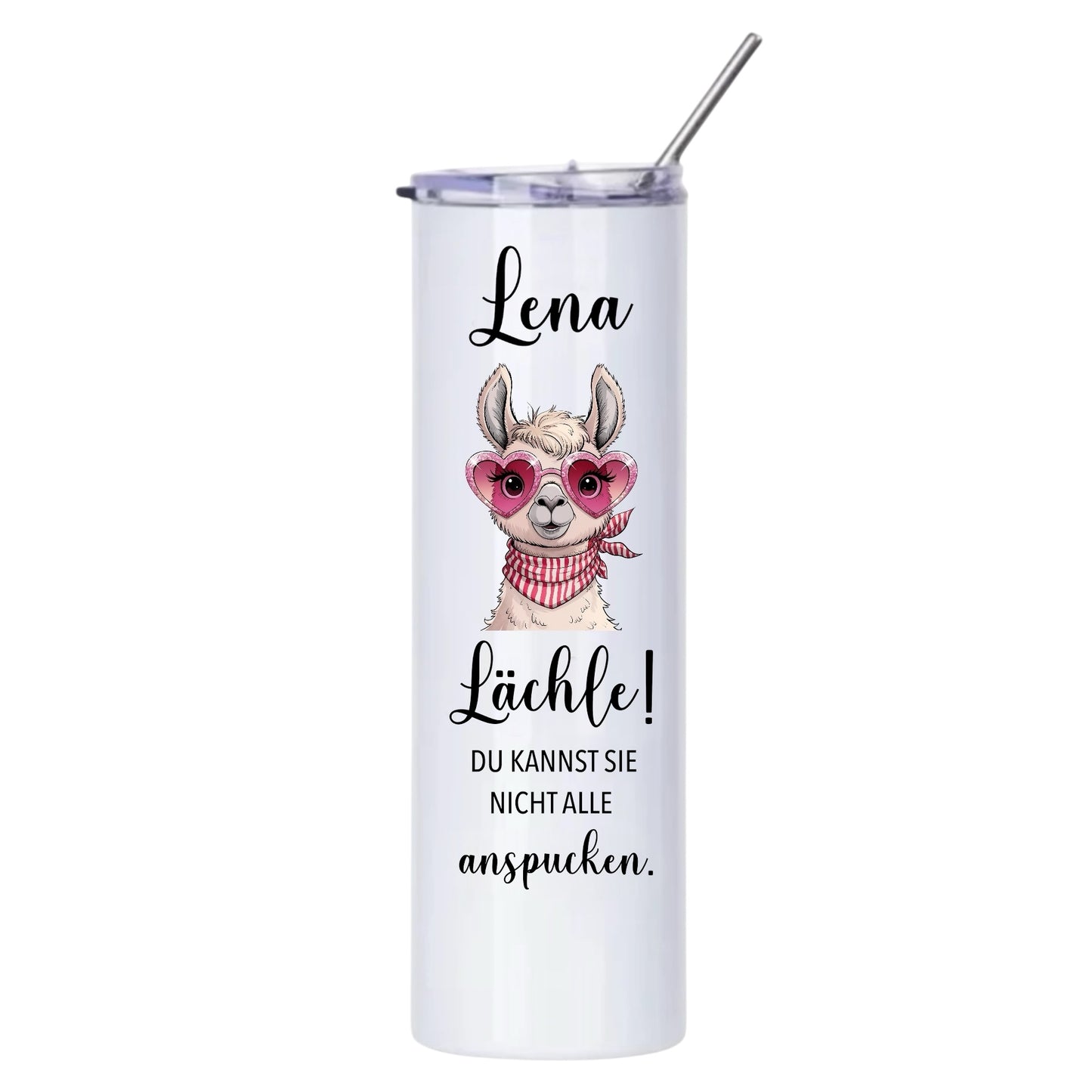 Personalisierter Edelstahl-Thermobecher + Edelstahl Strohhalm, Lama Design, Spülmaschinenfest, Lächle! Du kannst sie nicht alle anspucken.