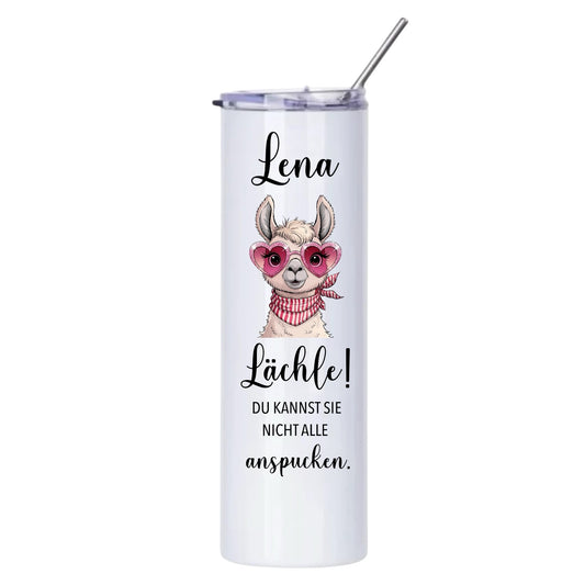 Personalisierter Edelstahl-Thermobecher + Edelstahl Strohhalm, Lama Design, Spülmaschinenfest, Lächle! Du kannst sie nicht alle anspucken.