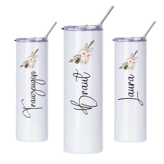 Personalisierter Thermobecher mit Blumenmotiv, 590ml, Weiß, mit Edelstahlstrohhalm, Team Braut, JGA, Becher to go