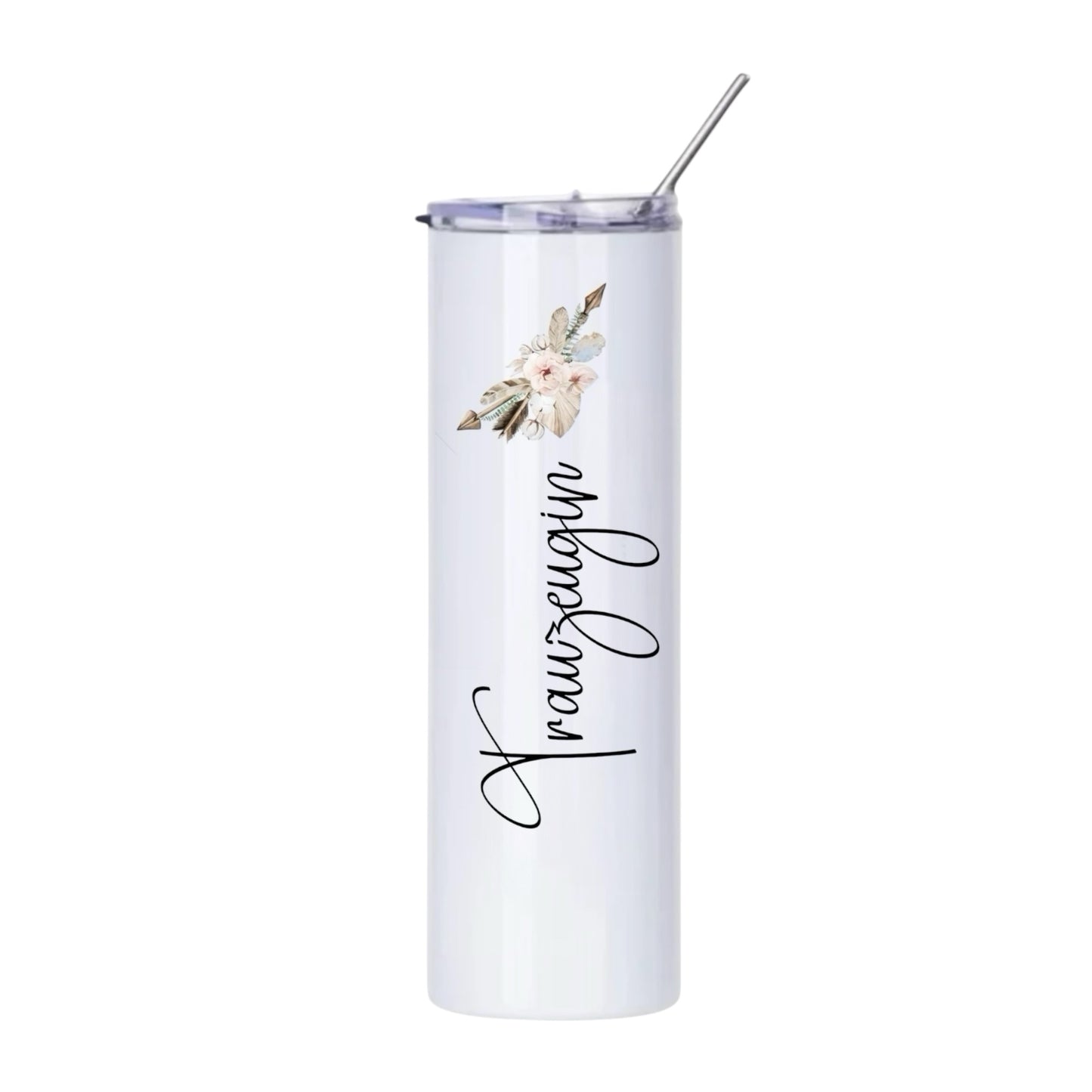 Personalisierter Thermobecher mit Blumenmotiv, 590ml, Weiß, mit Edelstahlstrohhalm, Team Braut, JGA, Becher to go