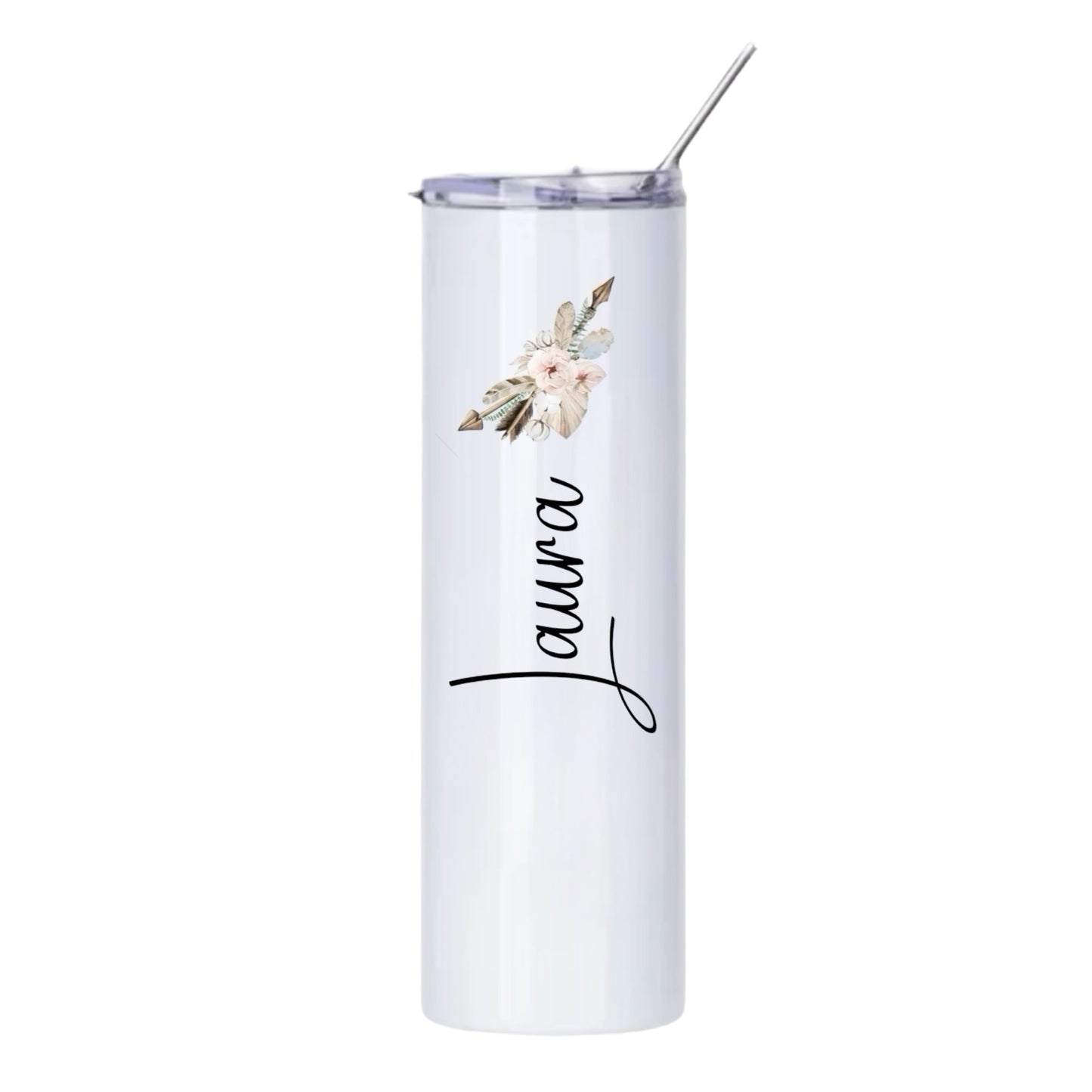 Personalisierter Thermobecher mit Blumenmotiv, 590ml, Weiß, mit Edelstahlstrohhalm, Team Braut, JGA, Becher to go