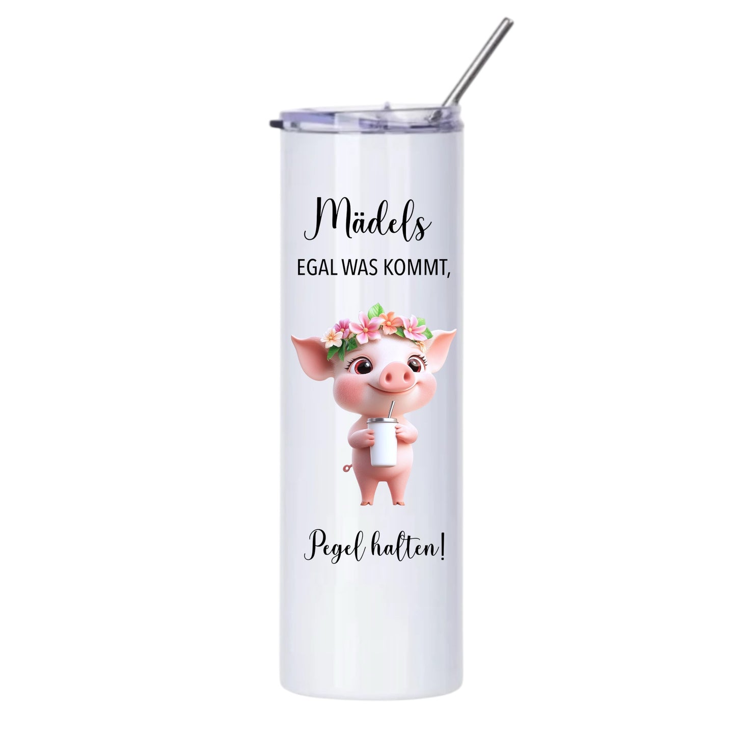 Thermobecher "Mädels Pegel halten", 590ml, Weiß, mit Edelstahlstrohhalm,Flamingo, Otter etc.