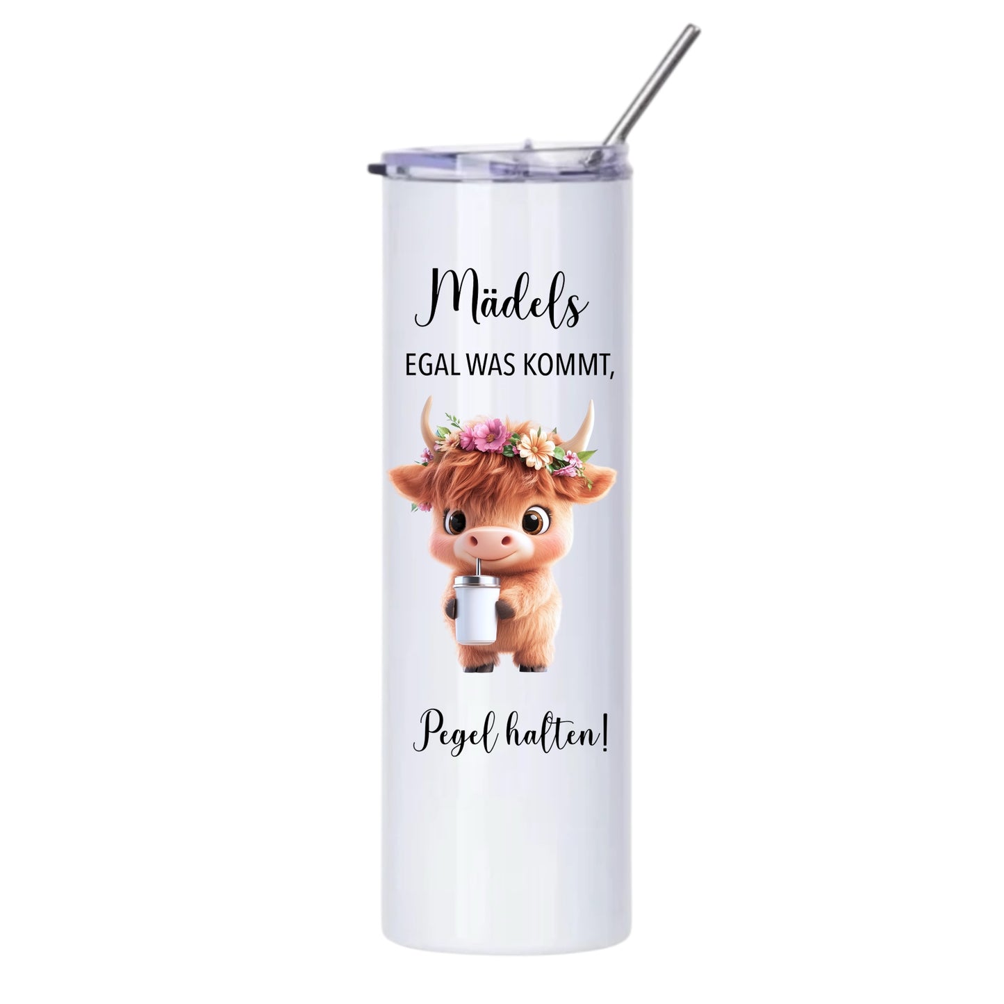 Thermobecher "Mädels Pegel halten", 590ml, Weiß, mit Edelstahlstrohhalm,Flamingo, Otter etc.