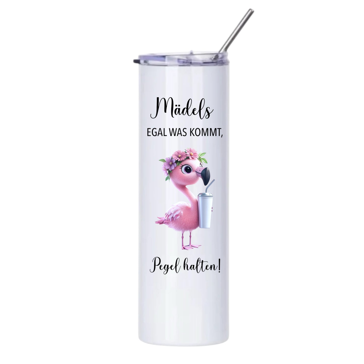 Thermobecher "Mädels Pegel halten", 590ml, Weiß, mit Edelstahlstrohhalm,Flamingo, Otter etc.