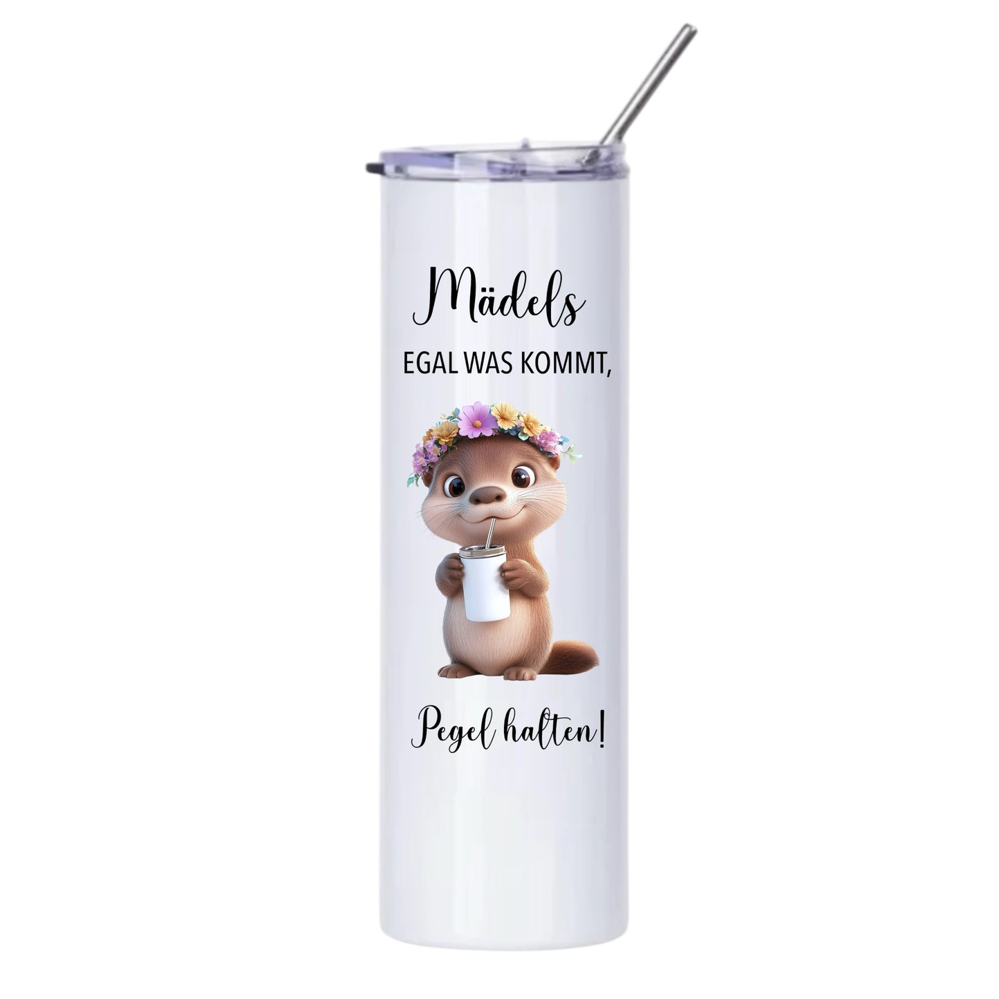Thermobecher "Mädels Pegel halten", 590ml, Weiß, mit Edelstahlstrohhalm,Flamingo, Otter etc.