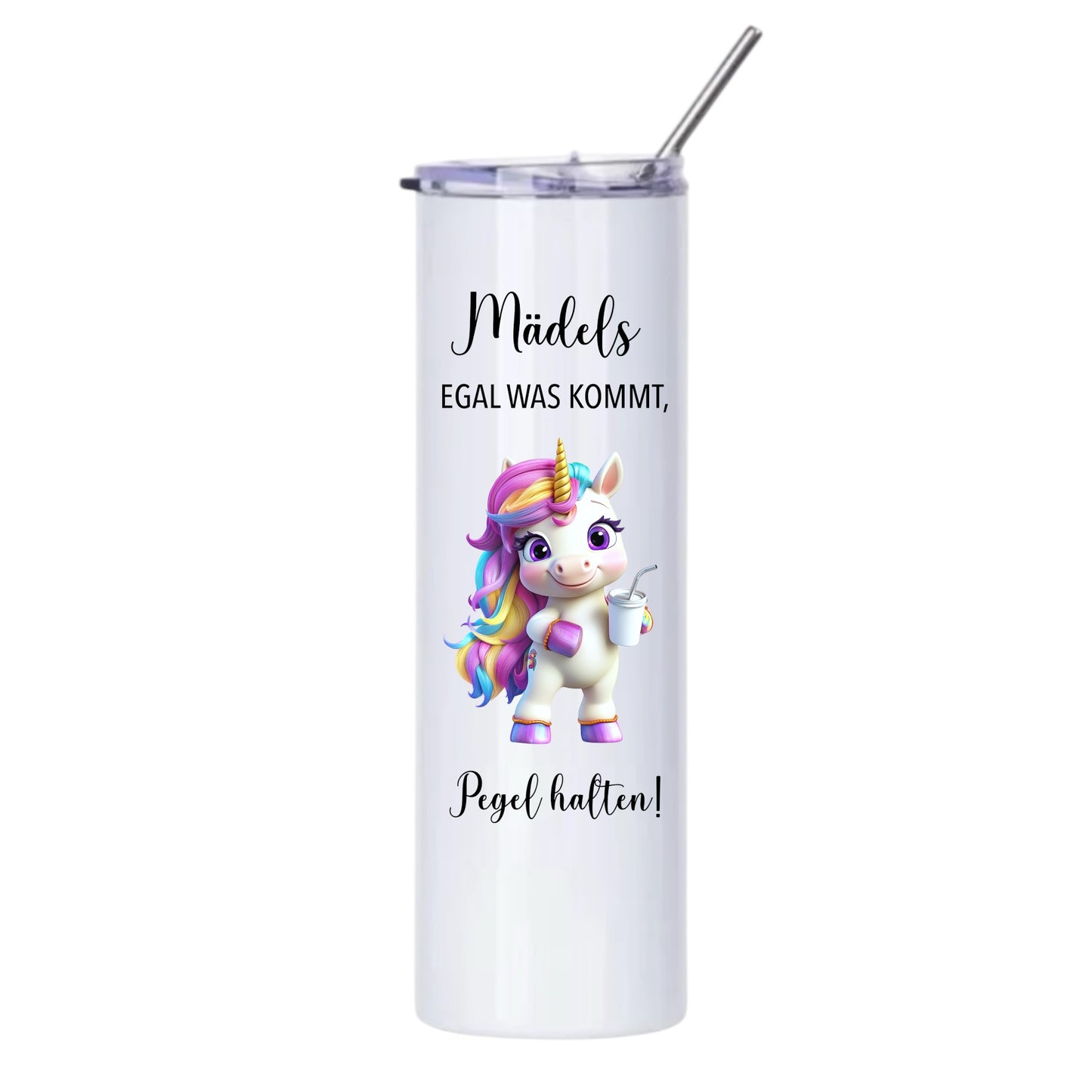Thermobecher "Mädels Pegel halten", 590ml, Weiß, mit Edelstahlstrohhalm,Flamingo, Otter etc.