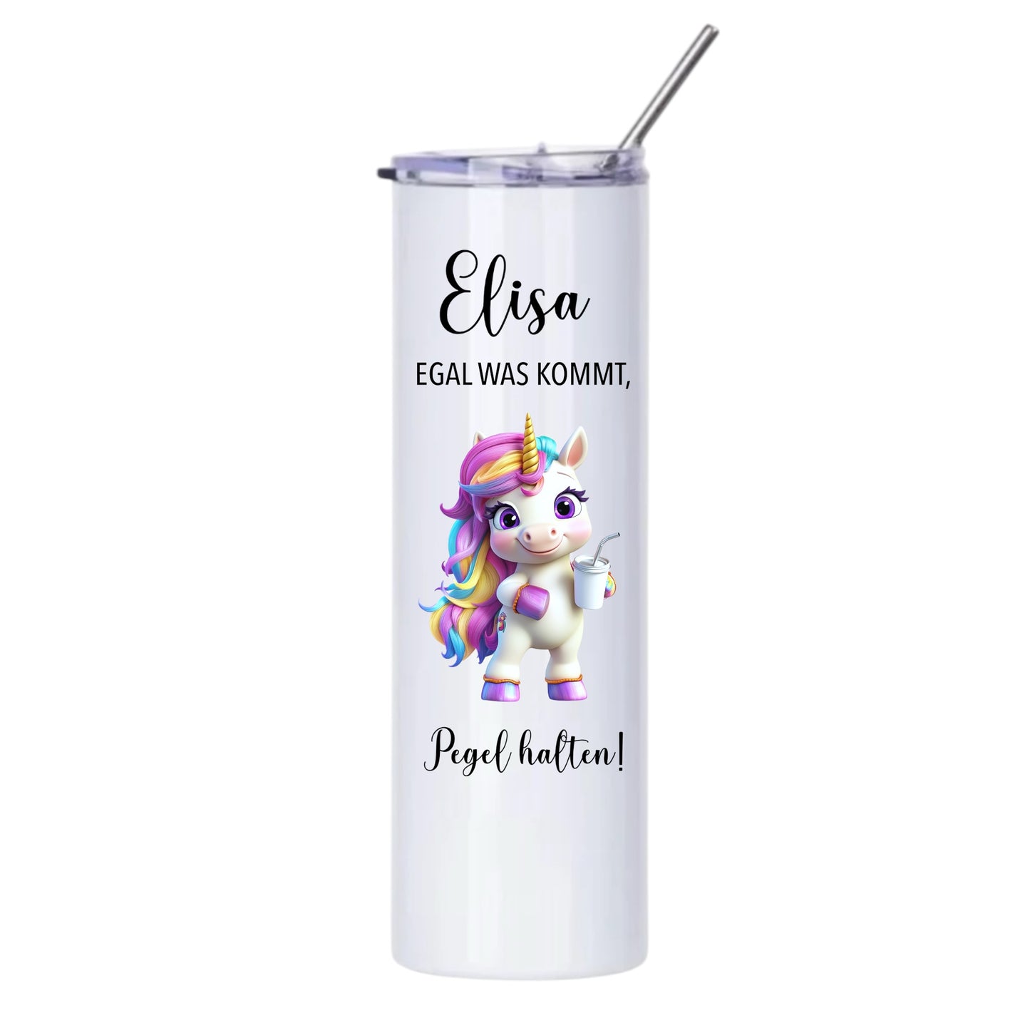 Thermobecher "Wunschname Pegel halten", 590ml, Weiß, mit Edelstahl-Strohhalm, Flamingo, Otter etc.