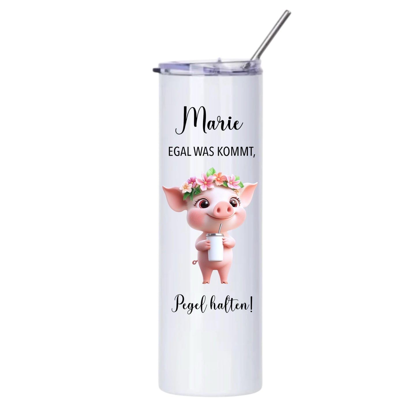 Thermobecher "Wunschname Pegel halten", 590ml, Weiß, mit Edelstahl-Strohhalm, Flamingo, Otter etc.