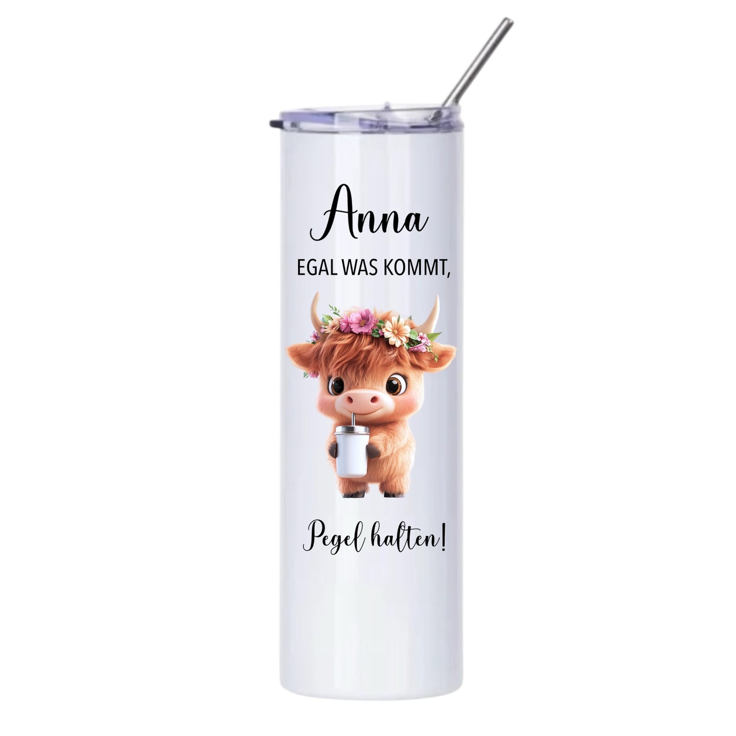 Thermobecher "Wunschname Pegel halten", 590ml, Weiß, mit Edelstahl-Strohhalm, Flamingo, Otter etc.