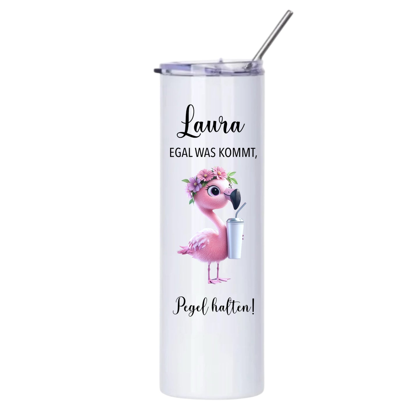 Thermobecher "Wunschname Pegel halten", 590ml, Weiß, mit Edelstahl-Strohhalm, Flamingo, Otter etc.