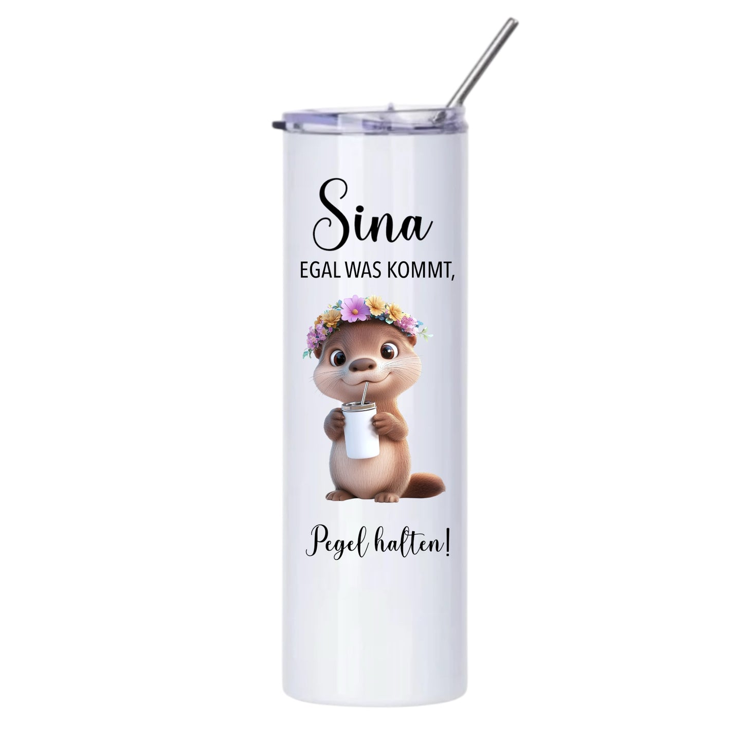Thermobecher "Wunschname Pegel halten", 590ml, Weiß, mit Edelstahl-Strohhalm, Flamingo, Otter etc.