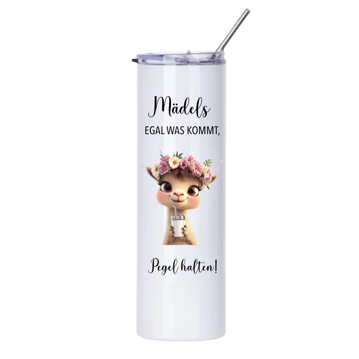 Thermobecher "Mädels Pegel halten", 590ml, Weiß, mit Edelstahlstrohhalm,Flamingo, Otter etc.