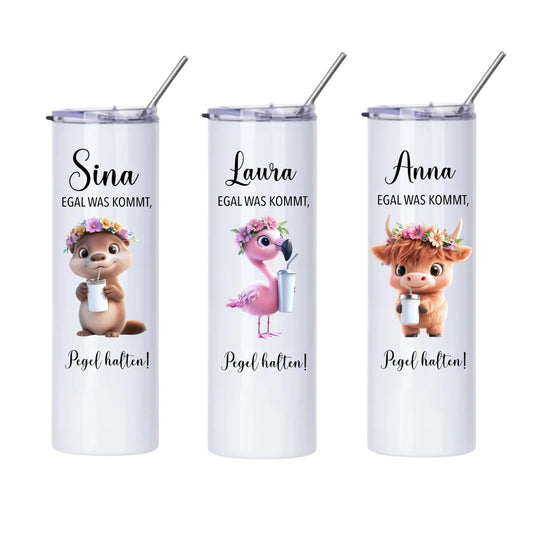 Thermobecher "Wunschname Pegel halten", 590ml, Weiß, mit Edelstahl-Strohhalm, Flamingo, Otter etc.