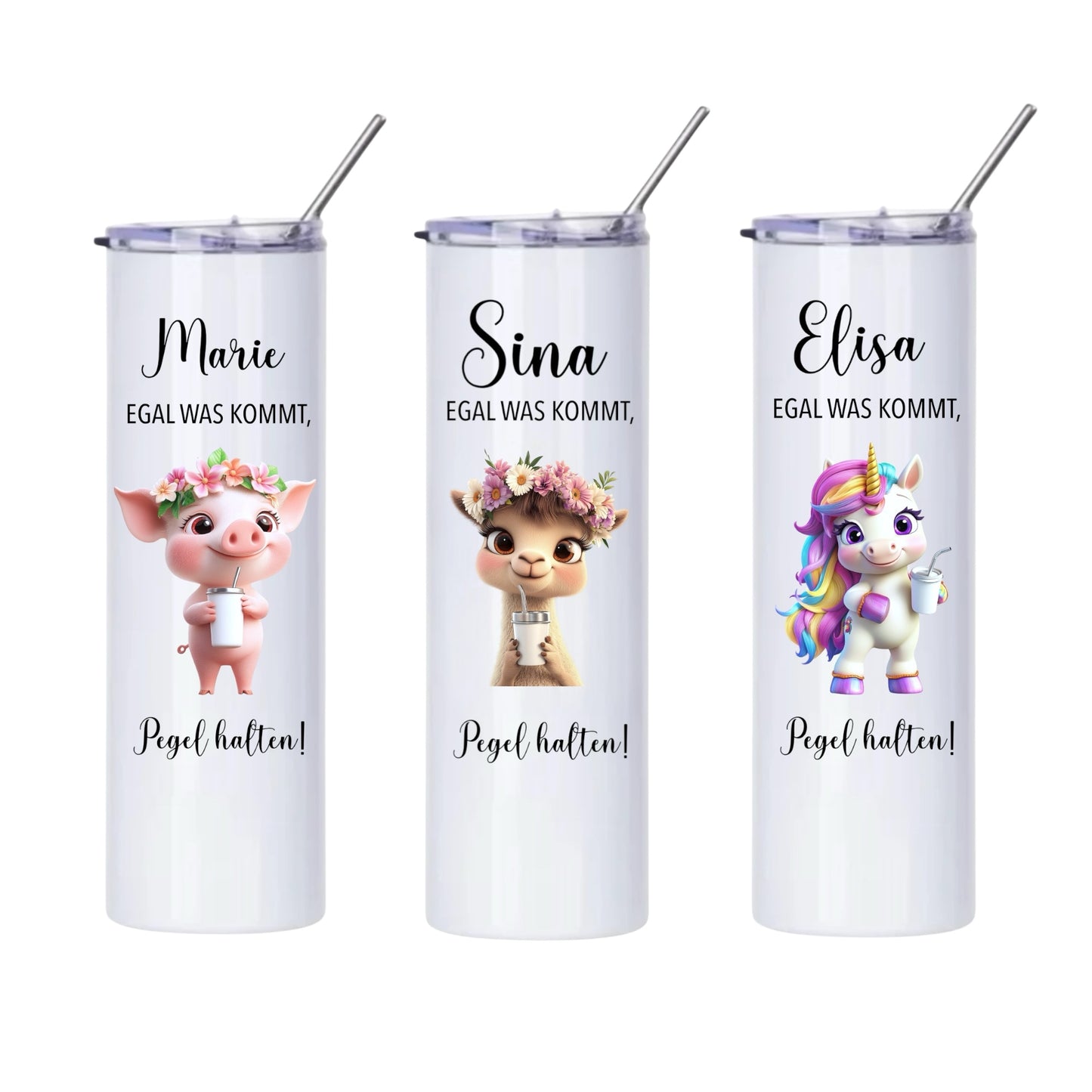 Thermobecher "Wunschname Pegel halten", 590ml, Weiß, mit Edelstahl-Strohhalm, Flamingo, Otter etc.