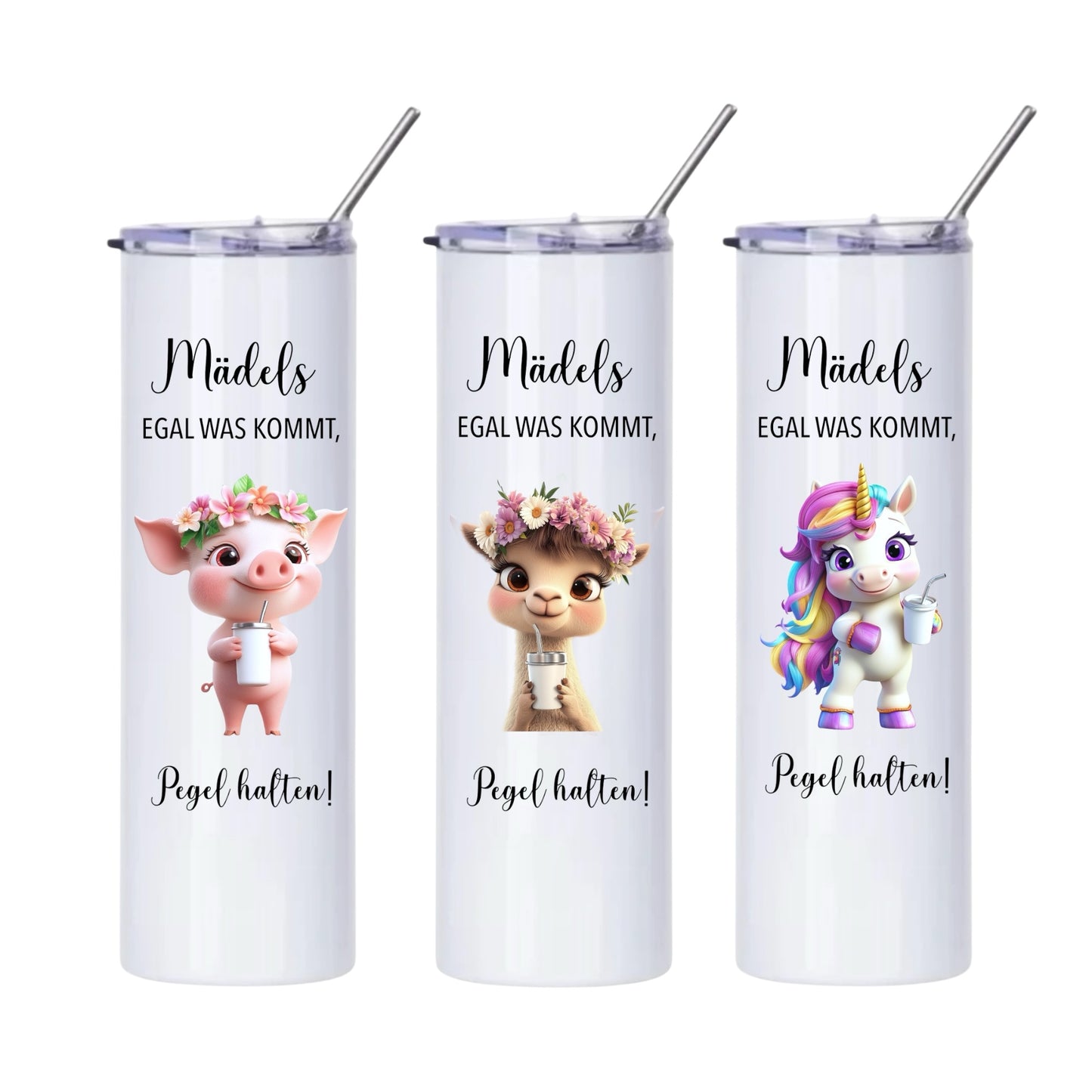Thermobecher "Mädels Pegel halten", 590ml, Weiß, mit Edelstahlstrohhalm,Flamingo, Otter etc.