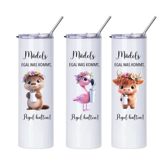 Thermobecher "Mädels Pegel halten", 590ml, Weiß, mit Edelstahlstrohhalm,Flamingo, Otter etc.