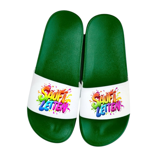 Badelatschen „SAUFI LETTEN“ – Schlappen Slipper Slides - Badeschuhe Partyurlaub, Malle Fahrt, Abschlussfahrt, lustige Geschenkidee