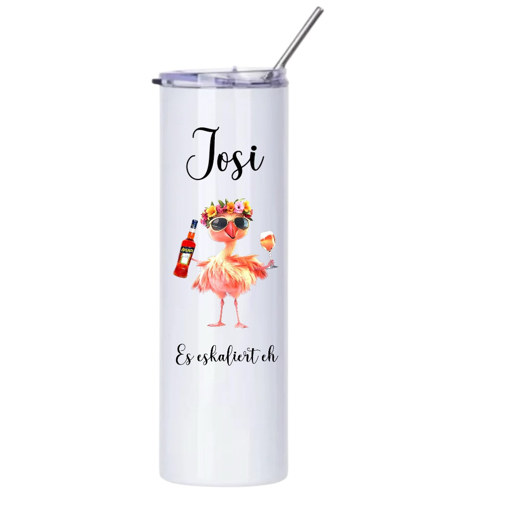 Personalisierter Edelstahl-Thermobecher + Aperol-Flamingo Design + Edelstahl Strohhalm, Es eskaliert eh