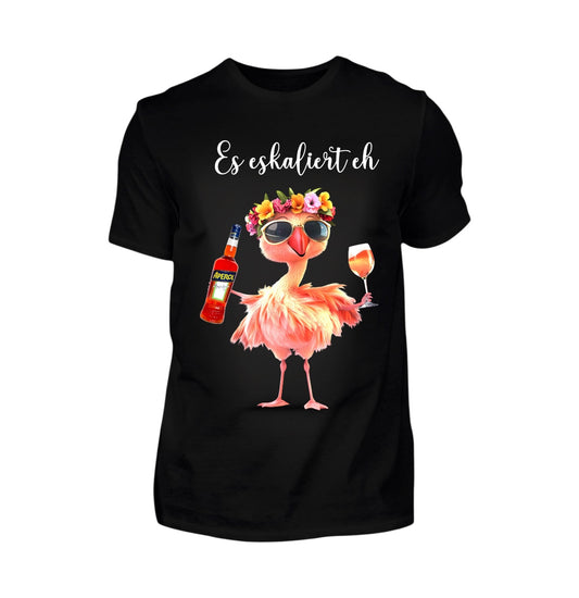 T-Shirt - Flamingo - Aperol Fun Shirt – Es eskaliert eh - Malle 2025, lustiges Party Shirt, Mallorca Tour