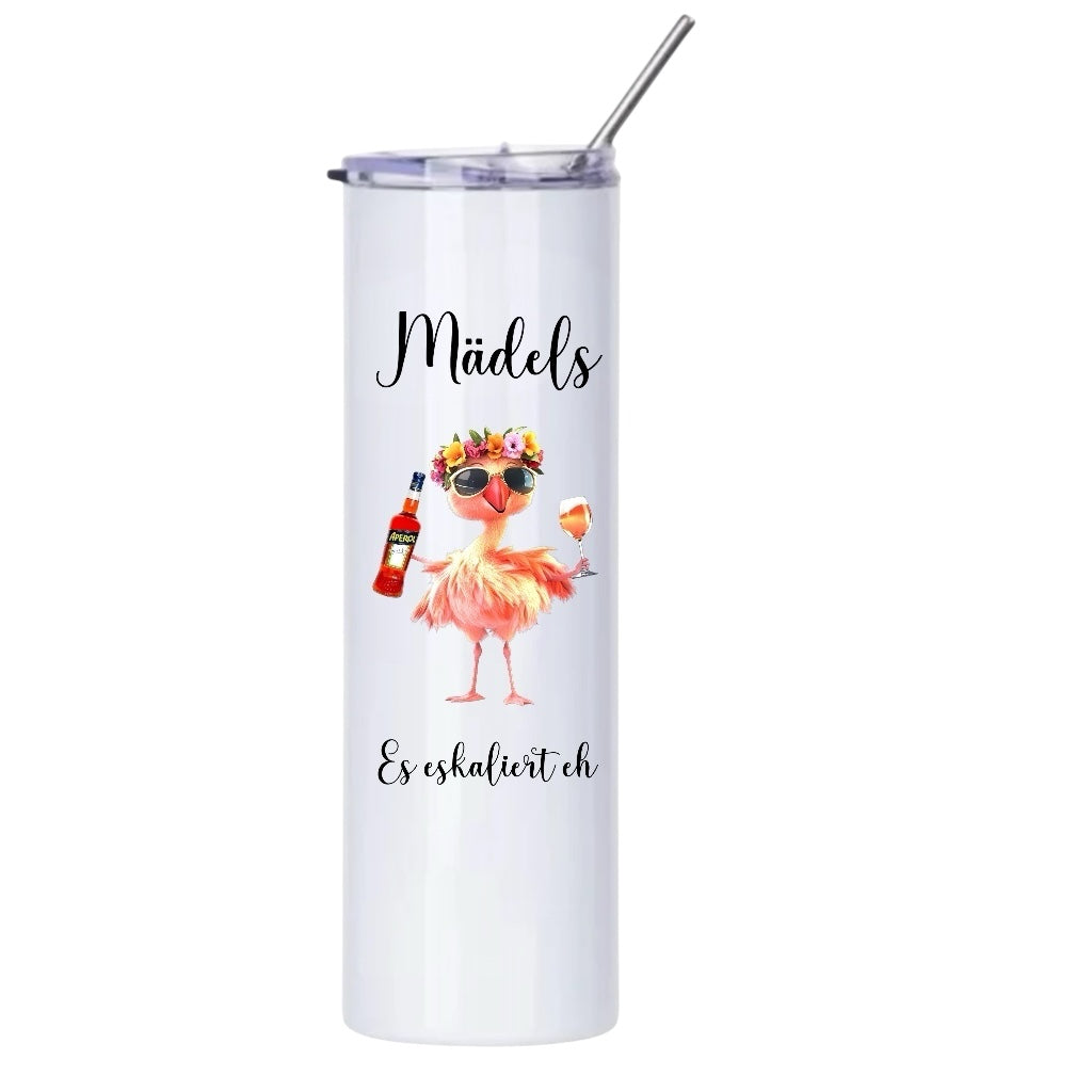 Personalisierter Edelstahl-Thermobecher + Aperol-Flamingo Design + Edelstahl Strohhalm, Es eskaliert eh