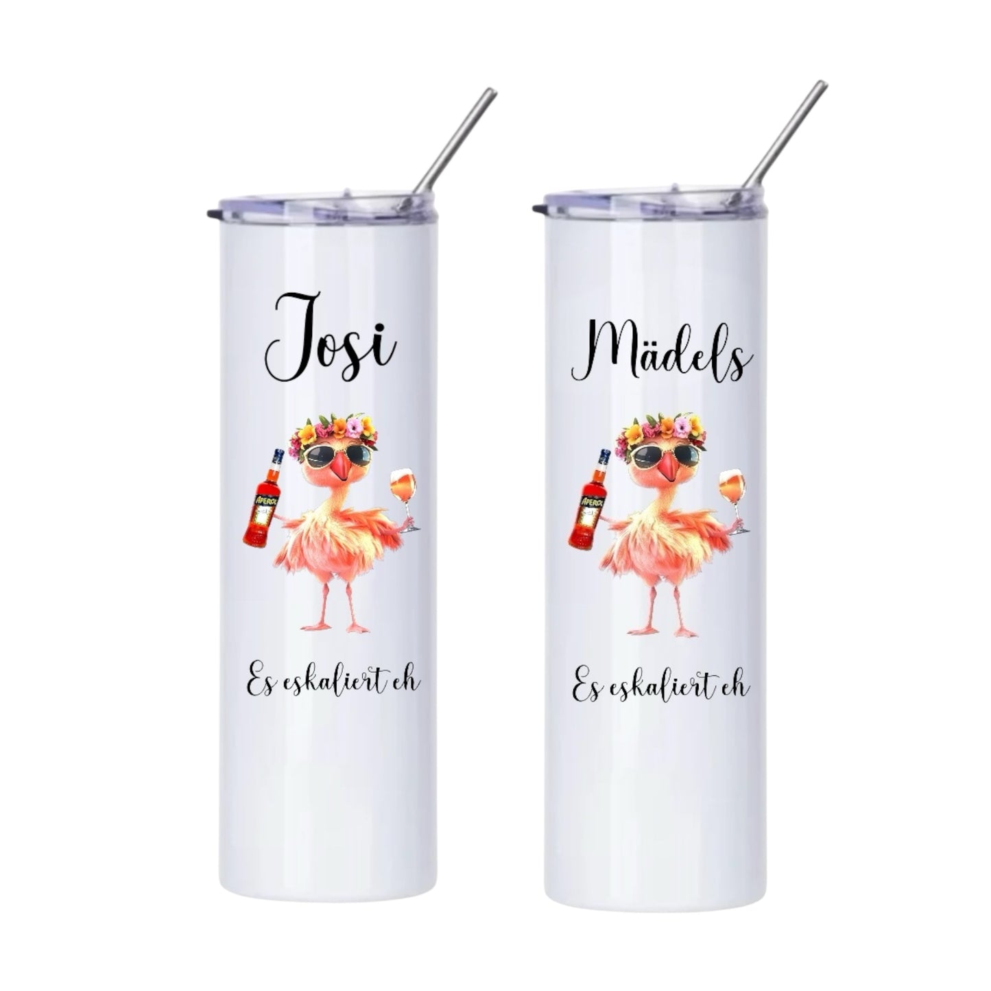 Personalisierter Edelstahl-Thermobecher + Aperol-Flamingo Design + Edelstahl Strohhalm, Es eskaliert eh