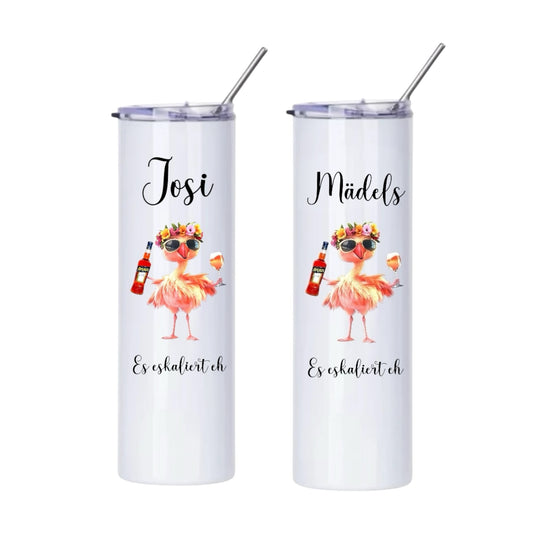 Personalisierter Edelstahl-Thermobecher + Aperol-Flamingo Design + Edelstahl Strohhalm, Es eskaliert eh
