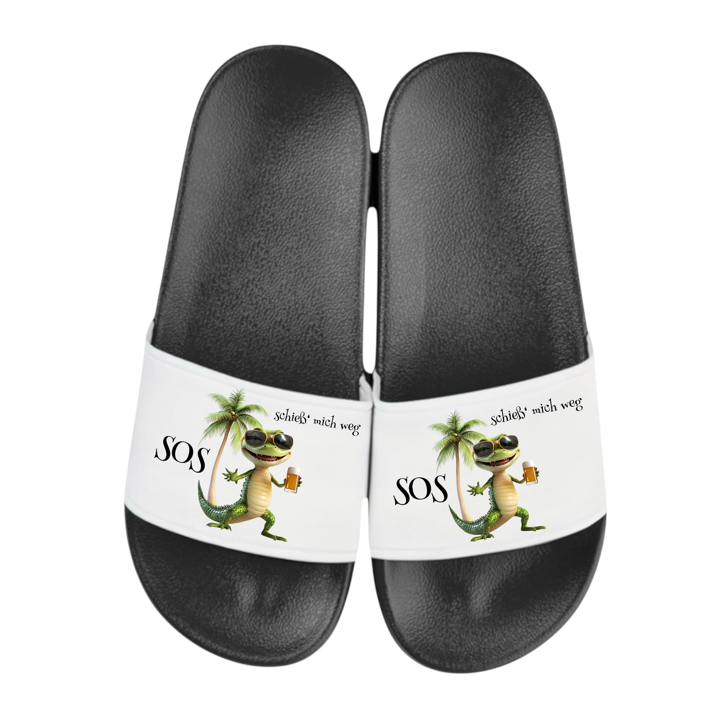 Badelatschen „SOS – schieß’ mich ab“ 🐊🍺 – Schlappen Slipper Slides - Badeschuhe Partyurlaub, Malle Fahrt