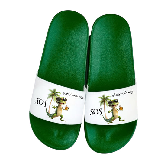 Badelatschen „SOS – schieß’ mich ab“ 🐊🍺 – Schlappen Slipper Slides - Badeschuhe Partyurlaub, Malle Fahrt