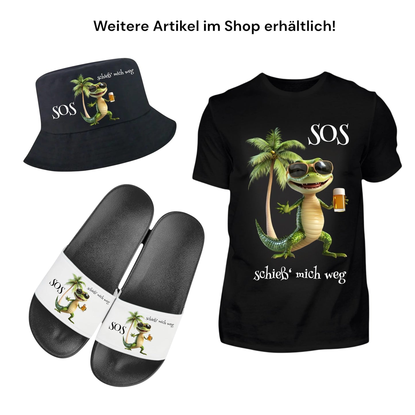 Badelatschen „SOS – schieß’ mich ab“ 🐊🍺 – Schlappen Slipper Slides - Badeschuhe Partyurlaub, Malle Fahrt