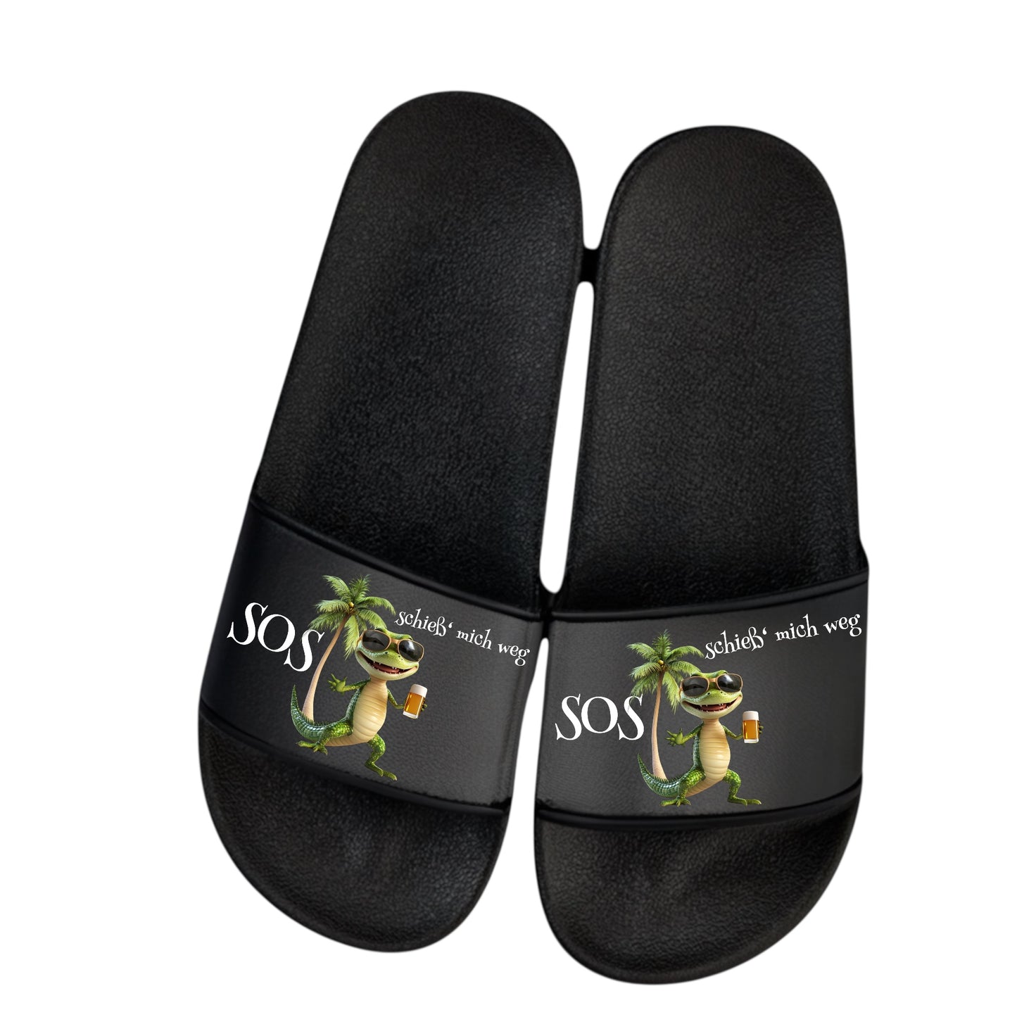Badelatschen „SOS – schieß’ mich ab“ 🐊🍺 – Schlappen Slipper Slides - Badeschuhe Partyurlaub, Malle Fahrt