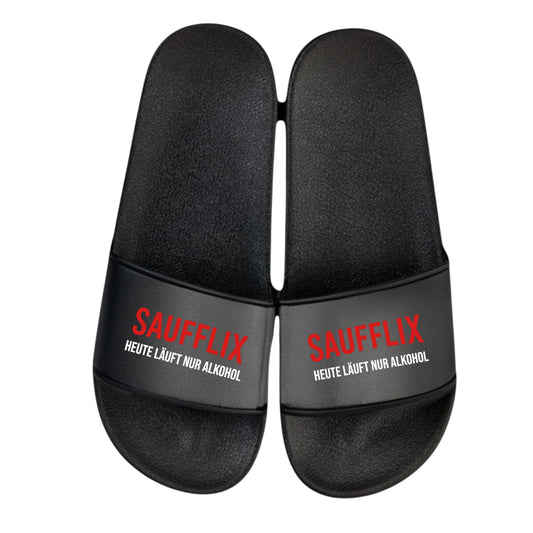 Badelatschen 🩴 SAUFFLIX Badelatschen – Heute läuft nur Alkohol! 🍺 – Schlappen Slipper Slides - Badeschuhe Partyurlaub, Malle Fahrt
